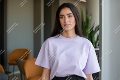 Brunette woman in lilac tshirt mockup Product Image 1