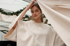 Woman poses in a beige sweatshirt mockup Product Image 1