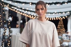 Woman poses in a beige tshirt mockup Product Image 1