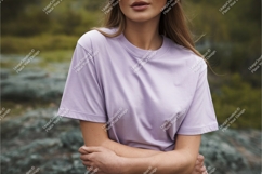Woman in lilac tshirt outdoors mockup Product Image 1
