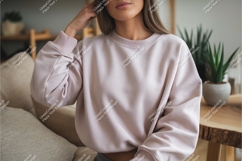 Woman in pink sweatshirt at home mockup Product Image 1