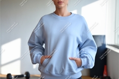 Woman in light blue sweatshirt mockup Product Image 1