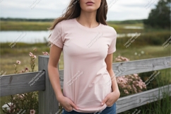 Woman in tshirt near fence mockup Product Image 1