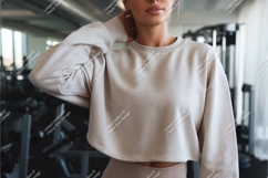 Woman in beige sweatshirt mockup Product Image 1