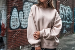 Woman in sweatshirt with graffiti wall mockup Product Image 1