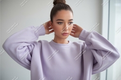 Woman in lilac sweatshirt mockup Product Image 1
