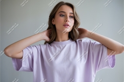 Woman poses in lilac tshirt mockup Product Image 1