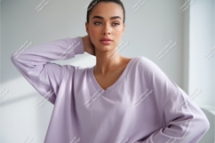 Woman in lilac vneck shirt mockup Product Image 1