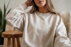 Woman in beige sweatshirt poses mockup Product Image 1