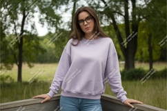 Woman in lavender sweatshirt mockup Product Image 1