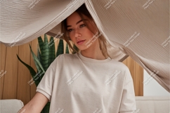 Woman in beige tshirt mockup Product Image 1