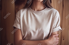 Woman in beige tshirt mockup Product Image 1