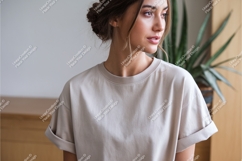 Woman in beige shirt mockup Product Image 1