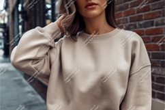 Woman in beige sweatshirt posing mockup Product Image 1