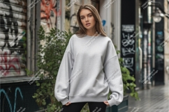 Woman in gray sweatshirt stands mockup Product Image 1