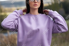 Woman in lilac sweatshirt mockup Product Image 1