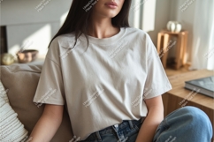 Woman in beige tshirt mockup Product Image 1