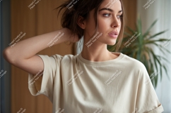 Woman in beige tshirt mockup Product Image 1