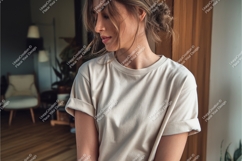 Woman in beige tshirt indoors mockup Product Image 1