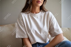 Woman in beige tshirt sitting mockup Product Image 1