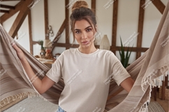 Woman in hammock looking forward mockup Product Image 1