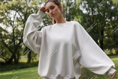 Woman in white sweatshirt posing mockup Product Image 1