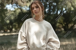 Woman in beige sweatshirt mockup Product Image 1
