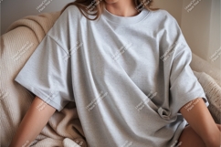 Woman in gray tshirt on bed mockup Product Image 1