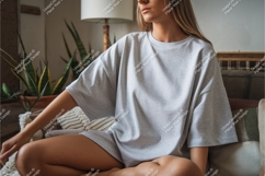 Woman in gray tshirt indoors mockup Product Image 1