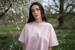Brunette in pink tshirt mockup Product Image 1