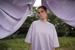 Woman in purple tshirt poses mockup Product Image 1