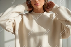 Woman in beige sweatshirt indoors mockup Product Image 1