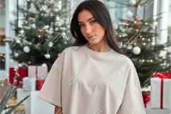 Brunette woman near christmas tree mockup Product Image 1