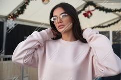 Brunette woman in pink sweatshirt mockup Product Image 1
