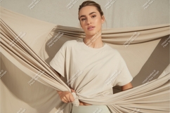 Woman in tshirt with fabric backdrop mockup Product Image 1
