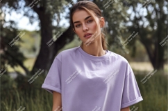 Woman in lilac tshirt in nature mockup Product Image 1