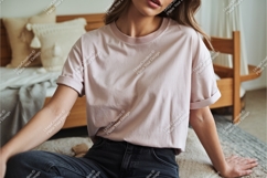 Woman in tshirt on bed mockup Product Image 1
