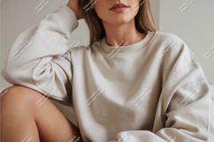 Woman in beige sweatshirt posing mockup Product Image 1