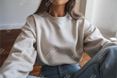 Woman in beige sweatshirt and jeans mockup Product Image 1
