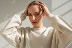 Woman in cream sweatshirt mockup Product Image 1