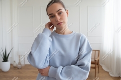 Woman in blue sweatshirt mockup Product Image 1