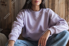 Woman in lilac sweatshirt and jeans mockup Product Image 1