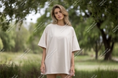 Woman in beige shirt stands outdoors mockup Product Image 1