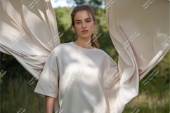 Woman poses in beige shirt outdoors mockup Product Image 1