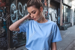 Woman in blue tshirt mockup Product Image 1