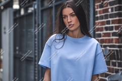 Woman in blue tshirt mockup Product Image 1