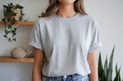 Woman in gray tshirt mockup Product Image 1