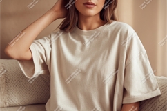 Woman in beige tshirt mockup Product Image 1