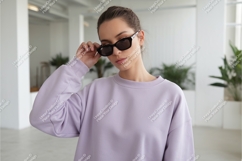 Woman in lilac sweatshirt mockup Product Image 1