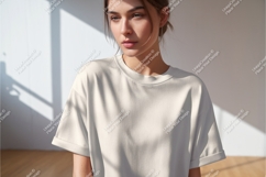 Woman wearing cream t shirt mockup Product Image 1